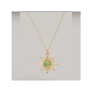 Gold 2pc Green Sun Pendant & Faux Pearl Necklace Set